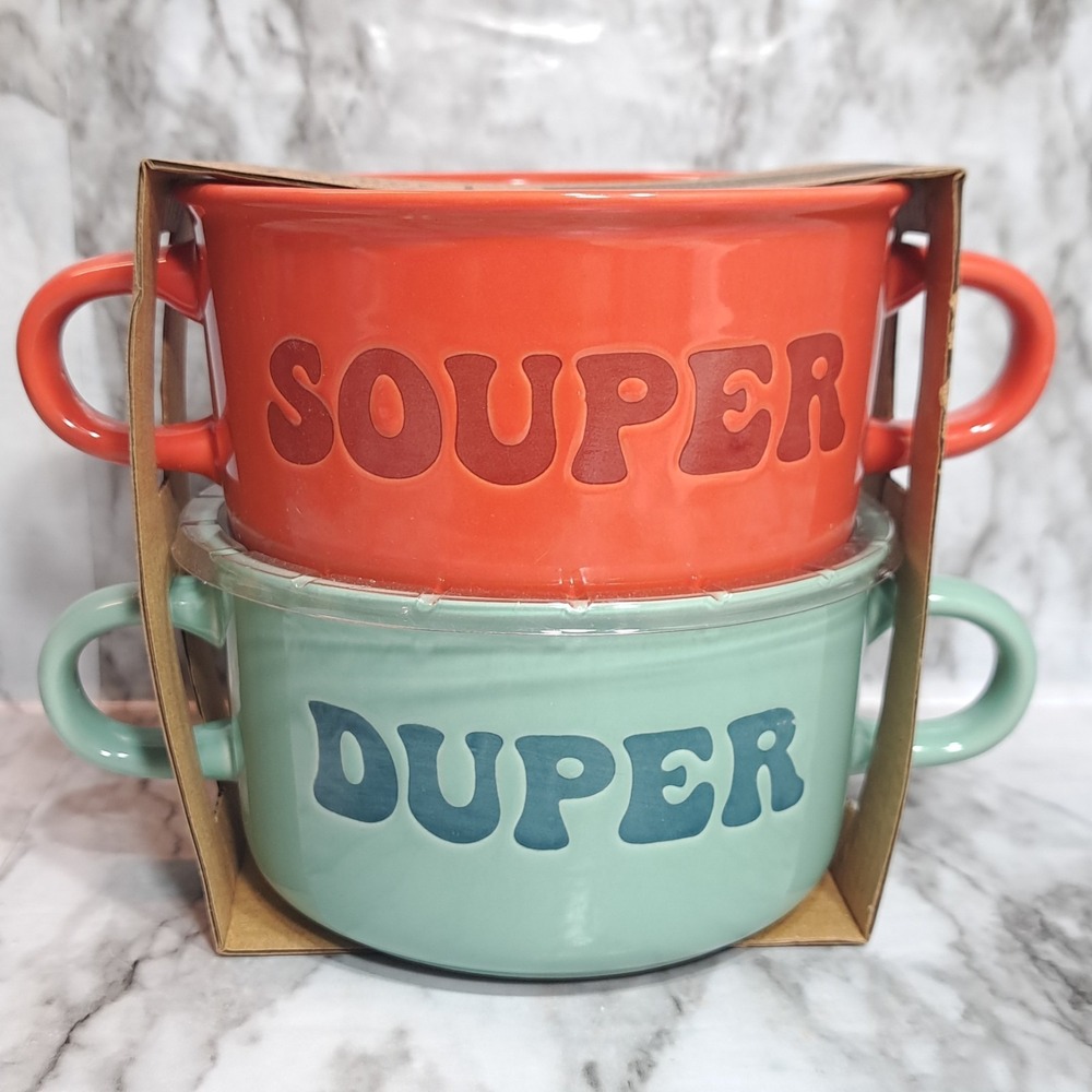 Set/2 ABODE Housewares Stoneware Bowls Red/Orange/Mint Green Souper Duper 20 oz